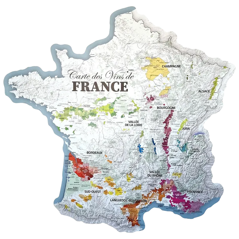Carte des vins de France découpée à la forme de l’Hexagone, avec les régions viticoles en couleur