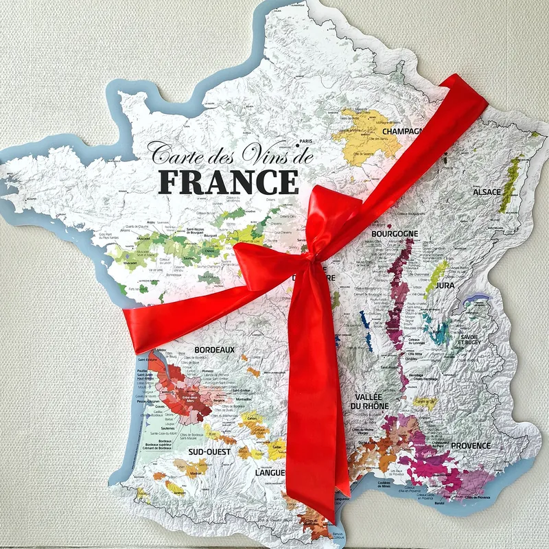 Carte des vins de France découpée avec un ruban rouge, idée cadeau