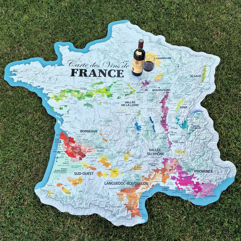 Carte des vins de France de 150 cm posée sur une pelouse avec une bouteille