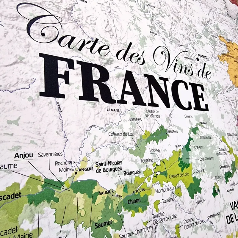 Titre « Carte des Vins de France » et vignobles de la Loire en gros plan